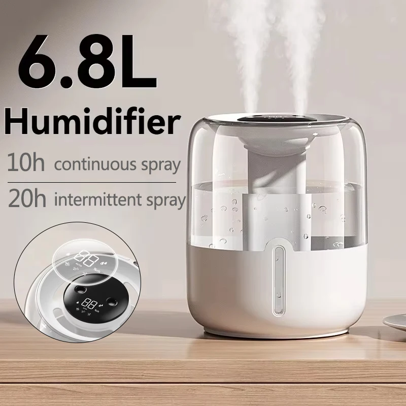 Home Humidifier 6.8L Large Capacity Humidifier USB Dual Spray Home Office Bedroom Desktop with Night Light Digital Display