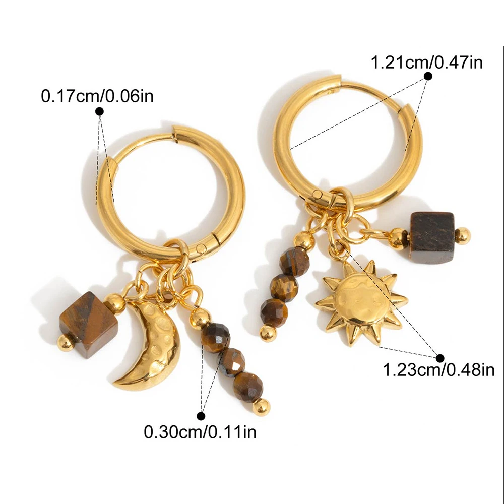 Gold Color Hoop Earrings with Moon Sun Tiger Eye Stone Pendant Stainless Steel Huggie Jewelry for Women Fashion Accessory