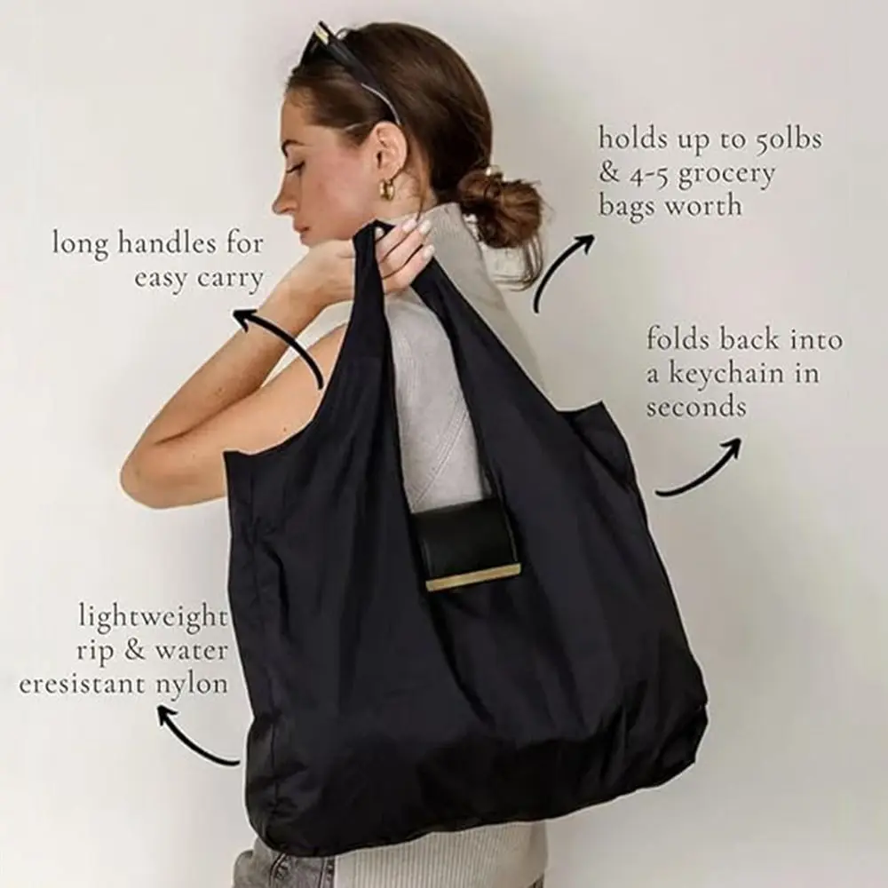 Mini Keychain Tote Bag with Key Ring Expandable Shopping Bag Foldable Large Capacity Supermarket Eco-Friendly Bag for Travel