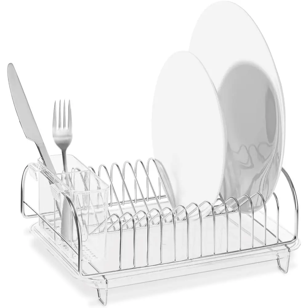 

StainlSteel Dish Drainer with Clear Plastic Tray and Cutlery Holder, Compact Space-Saving - Holds Up to 12 Plates