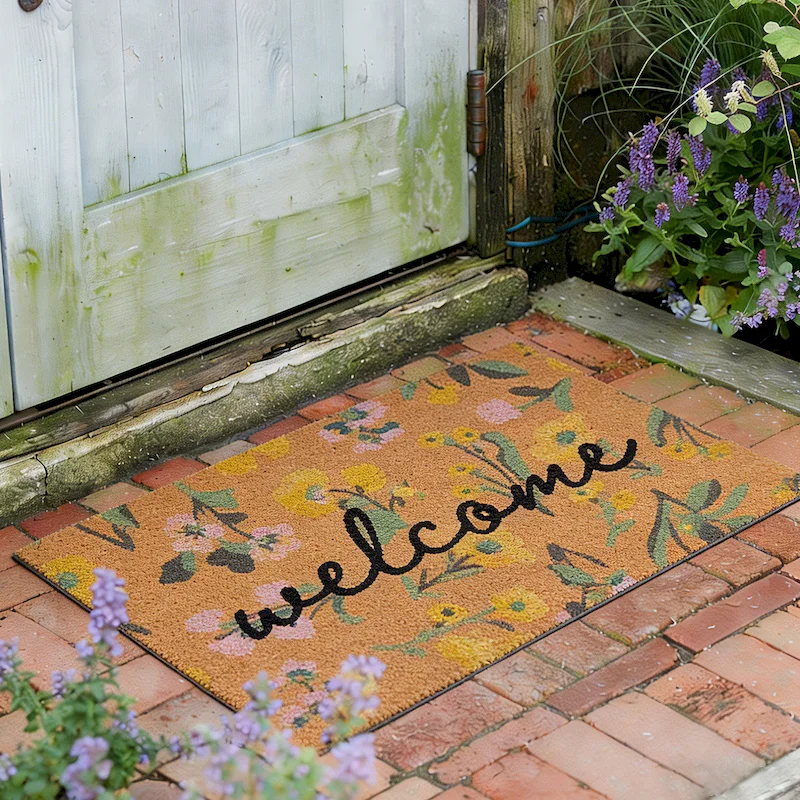 VIKAMA Rectangular Welcome Hello Text And Plant Flower Door Mat Dustproof And Anti Slip Outdoor Mat Home Decoration