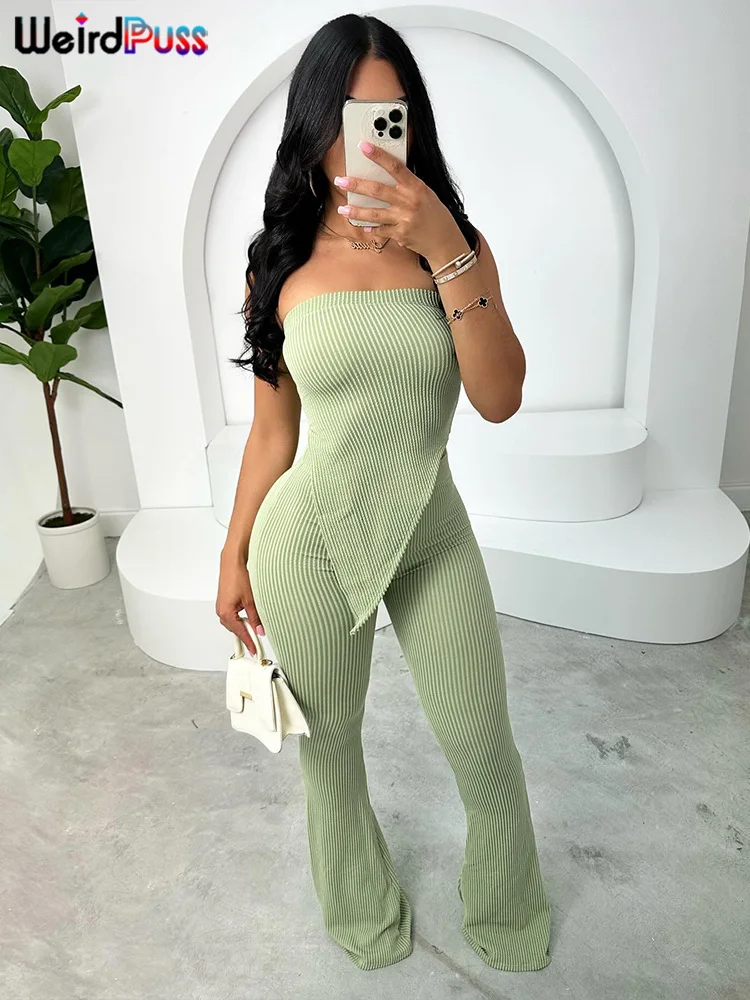 Weird Puss Ribbed Basic Women Tracksuit 2 Piece Set Stretch Irregular Tube Tops+Flare Trousers Skinny Simple Matching Outfits