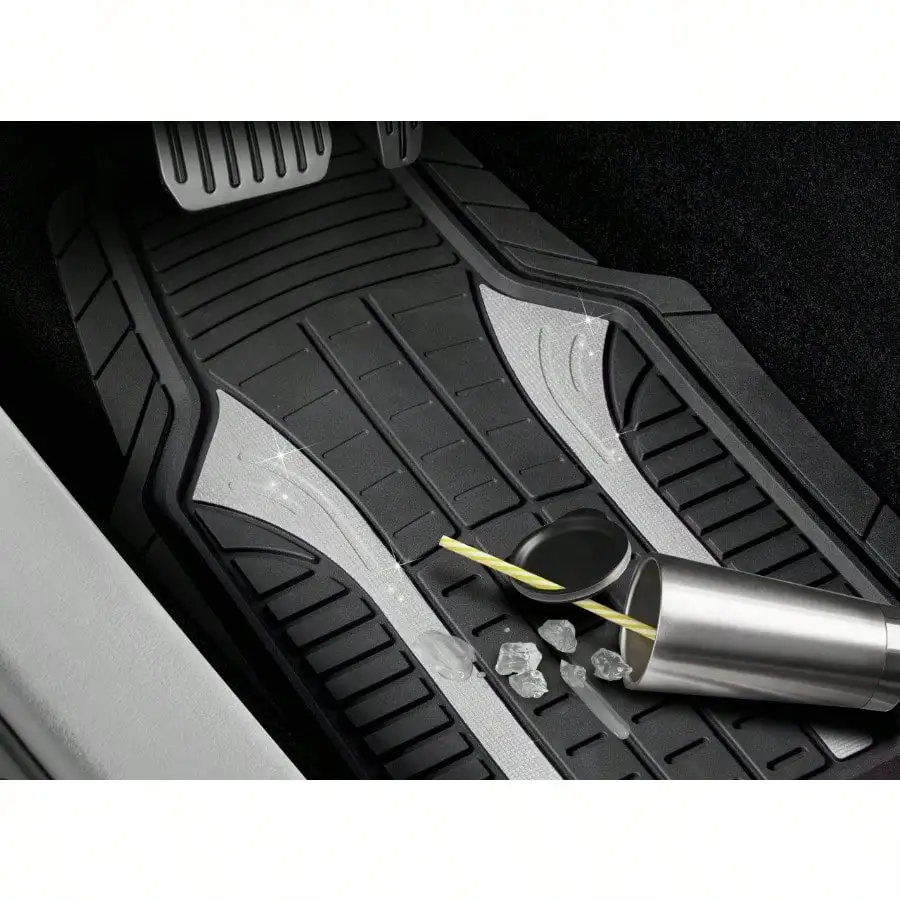 مجموعة مكونة من 4 سجادات أرضية سيارة مطاطية فضية لامعة - عالمية - تحمي أرضية سيارتك عن طريق امتصاص الانسكابات والبقع والغبار والحطام.