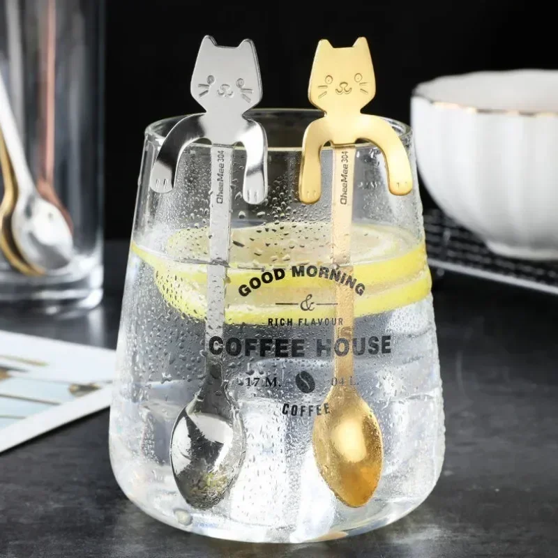 2/4PCS Set 304 Stainless Steel Cat Spoon Creative Cartoon Hanging Edge Spoon Cute Coffee Spoon Gold-plated Stirring Spoon