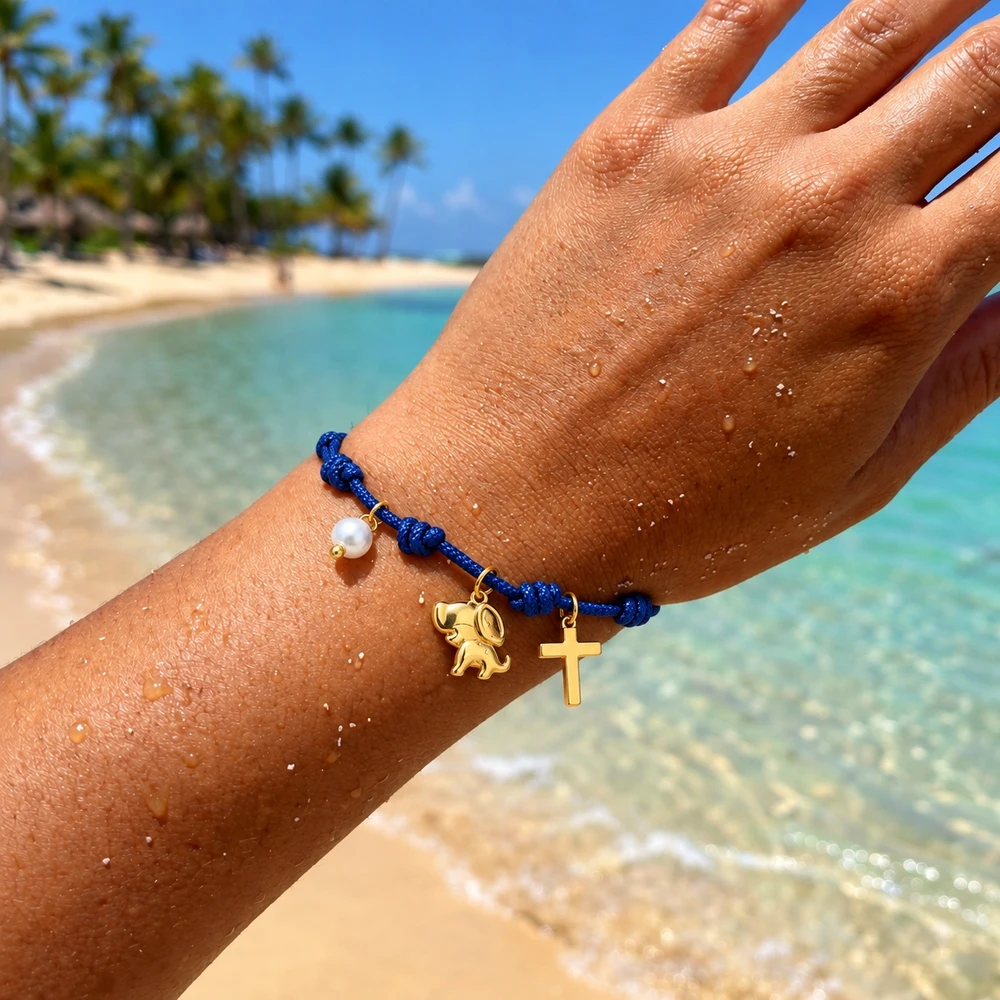1pc Adjustable Blue Yarn Cross Charm Bracelet with Elephant and Bead Charms Lace-Up Christian Religious Style 28cm