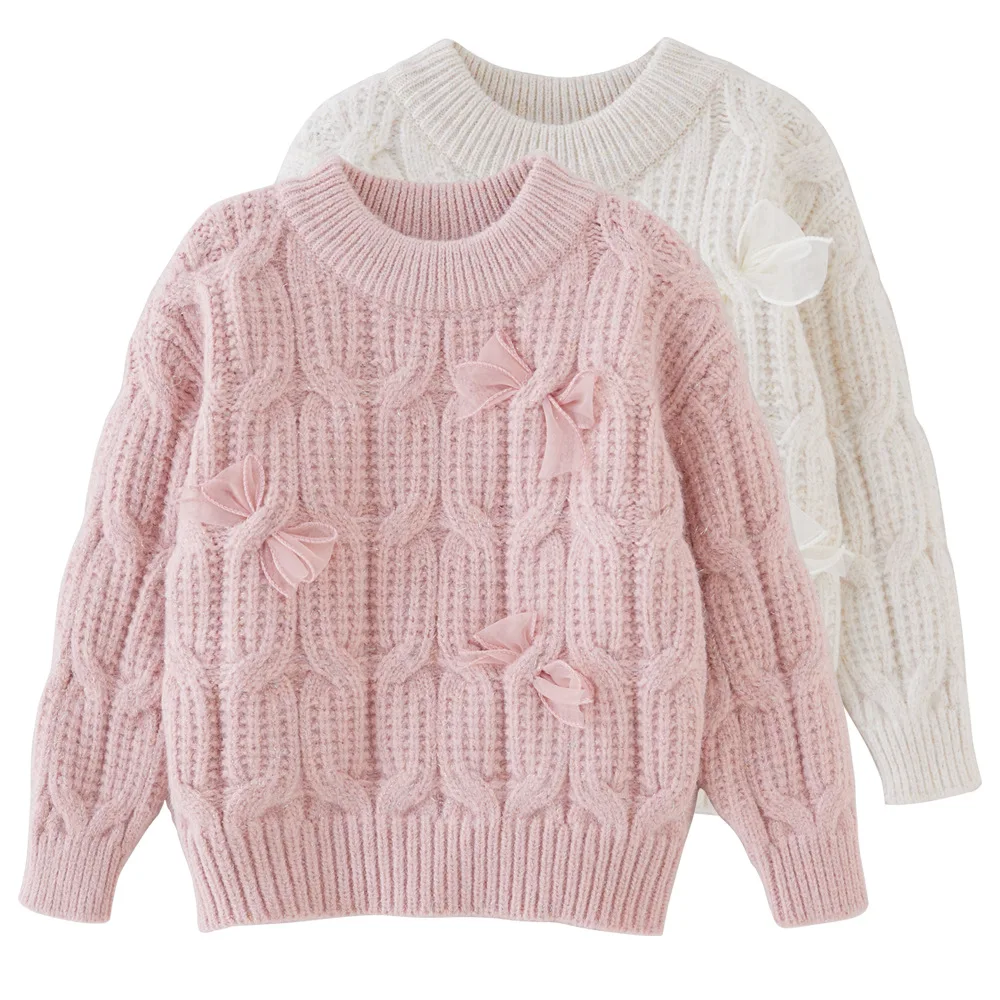 Korean Autumn Winter Thicken Baby Girl Sweater Cotton Knotbow Toddler Kid Girl Undershirt Loose Round Collar Little Girl Kniwear