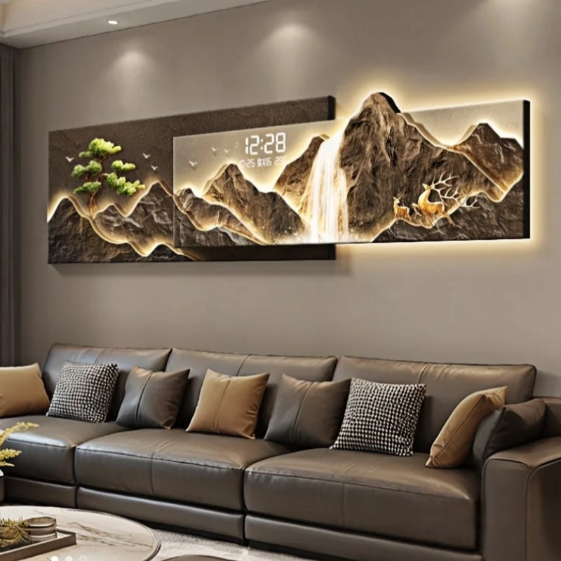 #Living Room Decoration Lights Painting Light Luxury Sofa Background Wall Clock Lights Painting High-end Clock Hanging Painting