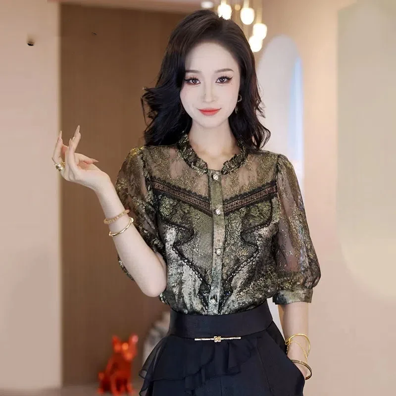 

Шифоновая рубашка, темперамент, новый темперамент, кружевная женская рубашка с пятиточечным рукавом