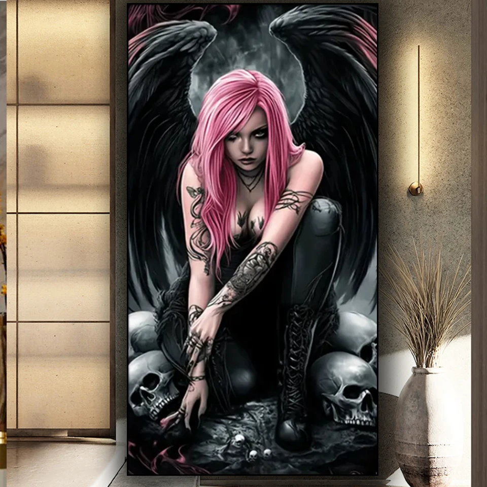 Pink haired Angel Diamond Mosaic full square/Round Diamond painting New 2024 diy Diamond Art Dark Gothic Girl Home decoration