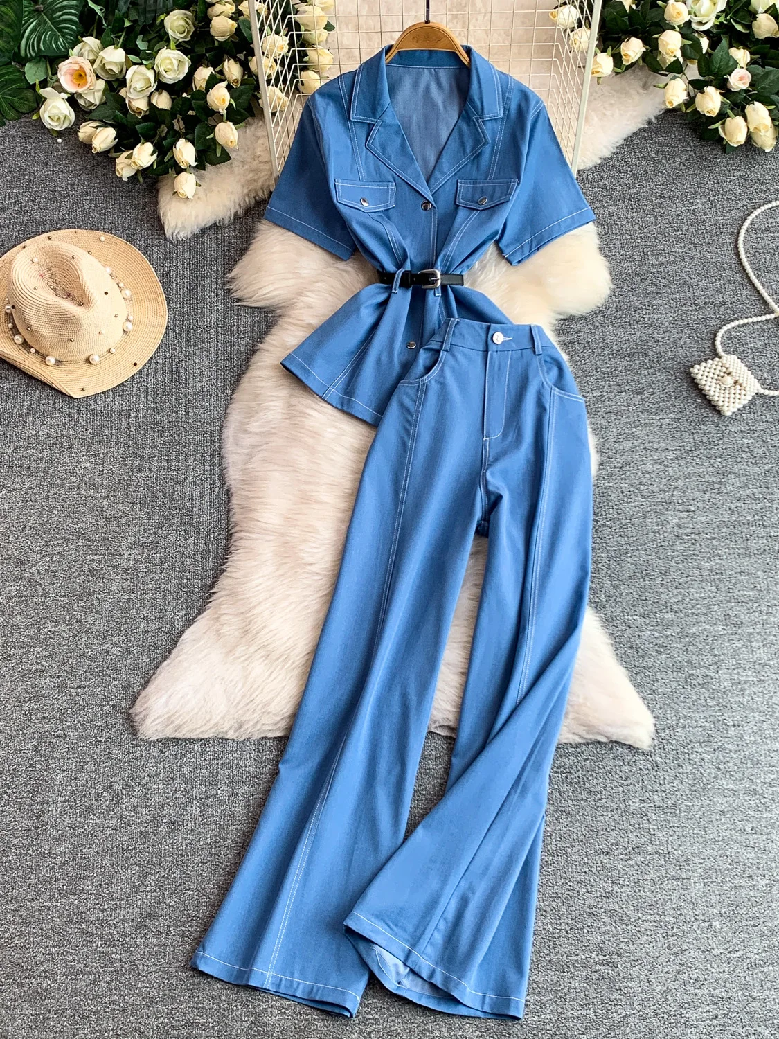 

Slimming Blue Denim Jacket And High Waist Wide Leg Pants Two Piece Set Fashionable Office Wear Short Sleeve Button up Shirt