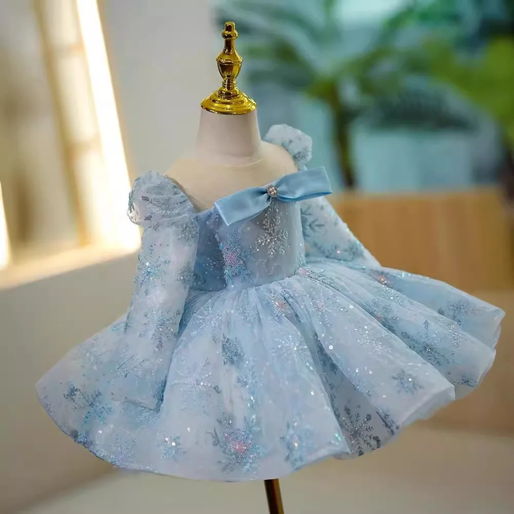 Maßgeschneiderte Pailletten Langarm O-Ausschnitt Hochzeit Blumenmädchenkleider Ballkleid Prinzessin Kleid Einfache elegante Kindergeburtstagsfeier