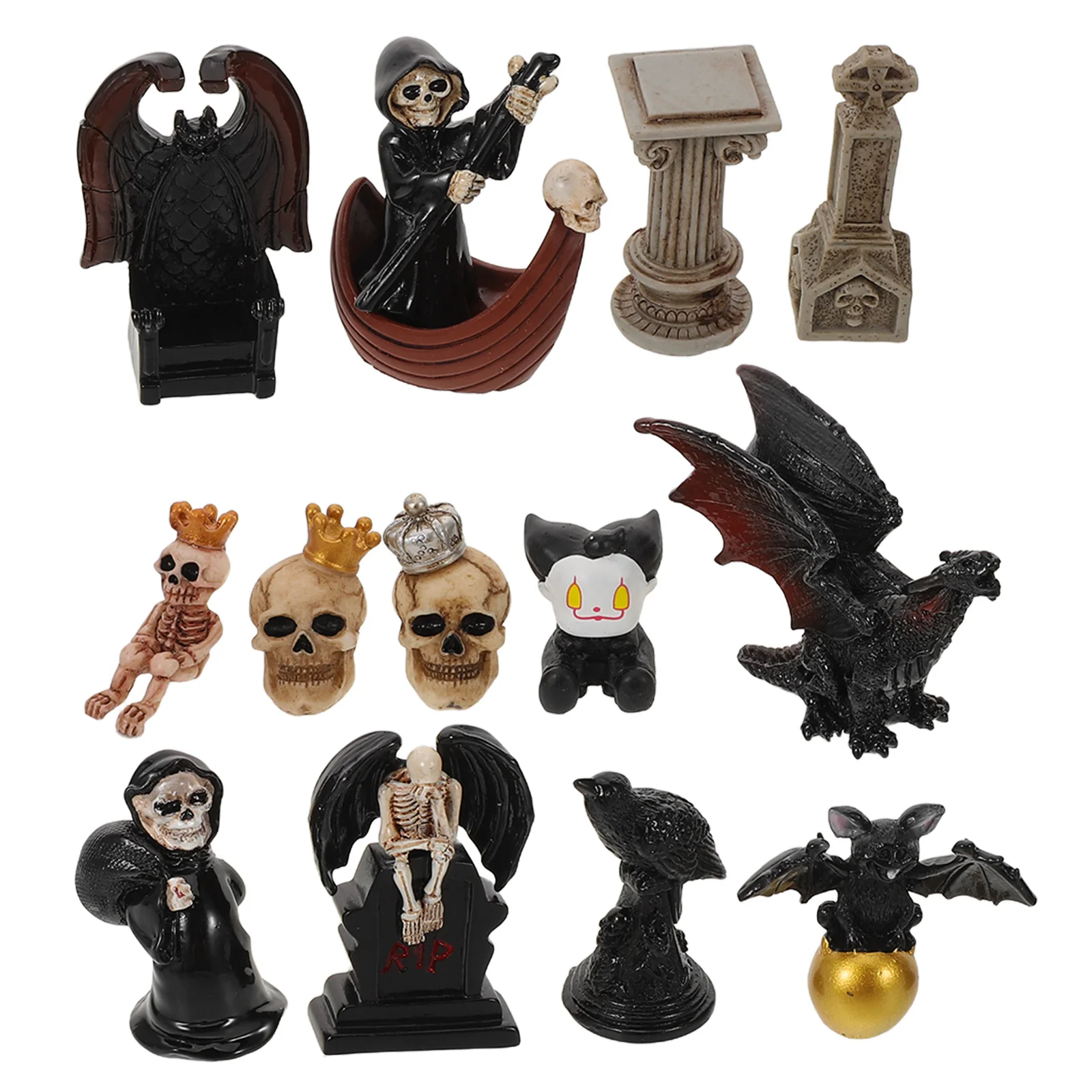 

13Pcs Resin Halloween Mini Decor Skull Bat Column Statuettes for Indoor Tabletop Garden Display Mysterious Holiday Theme
