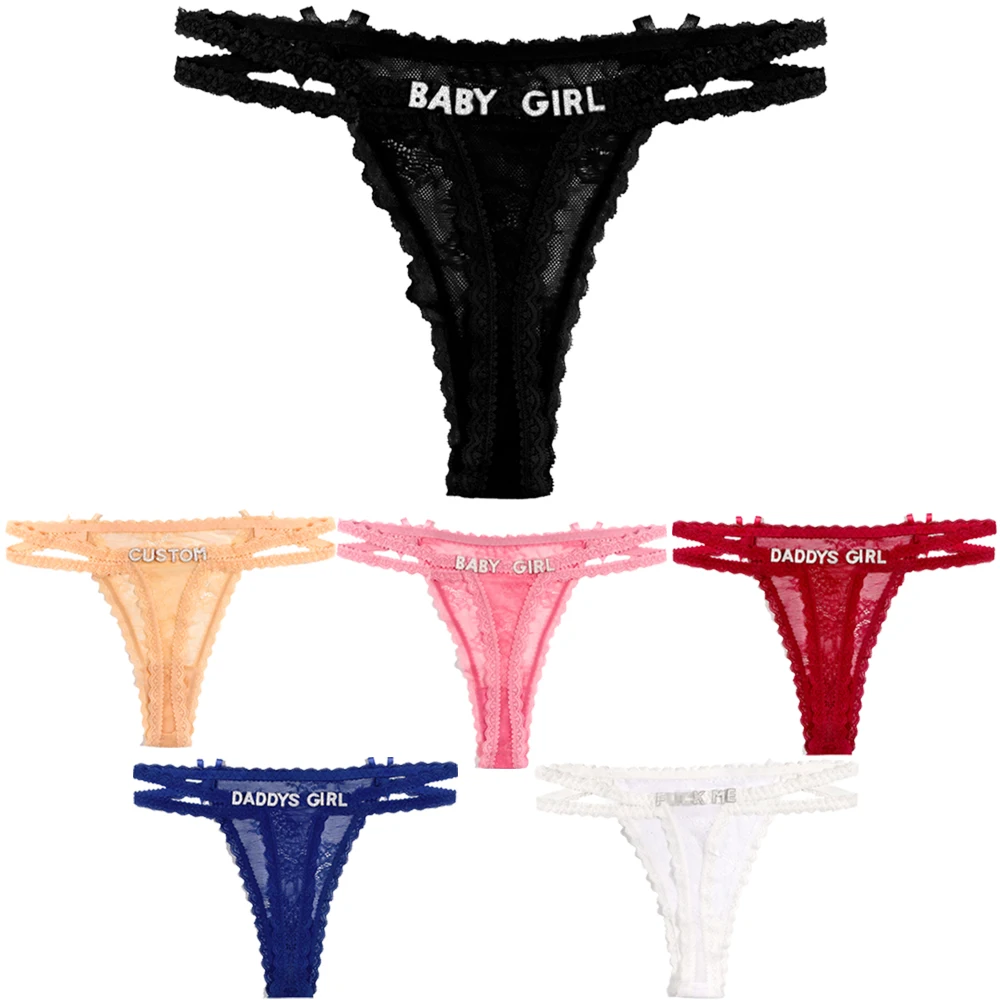 2024 Custom Name Mesh Lace Thongs for Women Personalized Name Sexy G-String Panties With Rhinestone Letters Don't Fall Off