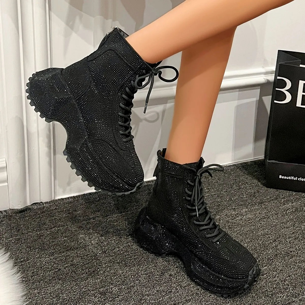 

Luxury Crystal Silver Ankle Boots Thick Bottom Women's Boots Square Head High Heels Designer Fashion Show Women's Boots