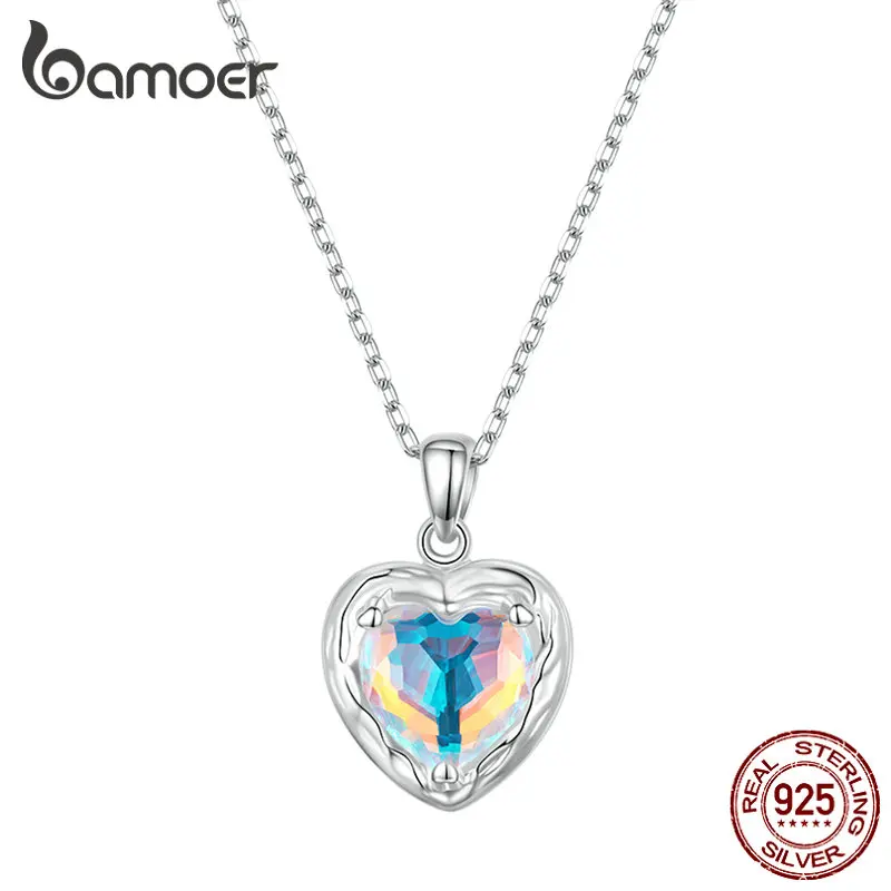 Bamoer 925 Sterling Silver Rainbow Crystal heart Necklace for Women Fashion Colorful Clear CZ Necklace Party Fine Jewelry Gifts