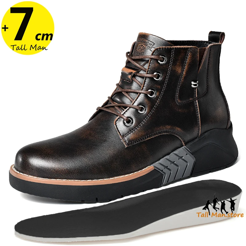 Men Boots Elevator Booster Shoes Height  Increase  Insole 7cm Leather Man Motorcycle  Winter Fashion