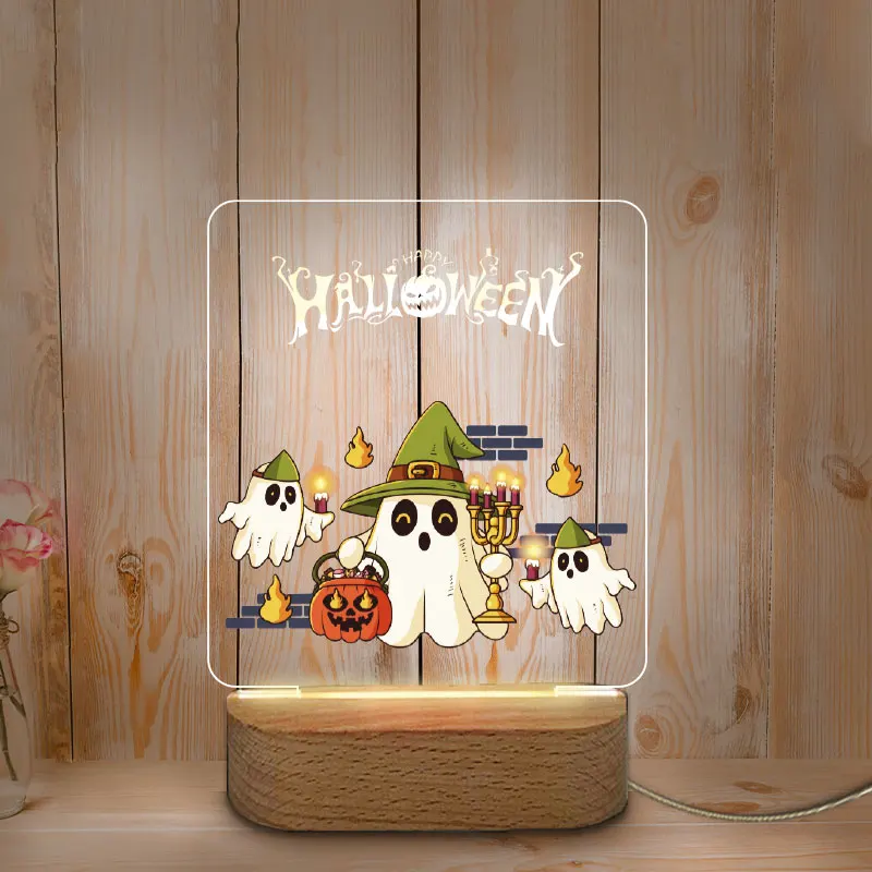 Personalized Night Lamp Color Printing Halloween Decoration USB LED Night Light for Home Baby Mother Room Wooden Base NightLight