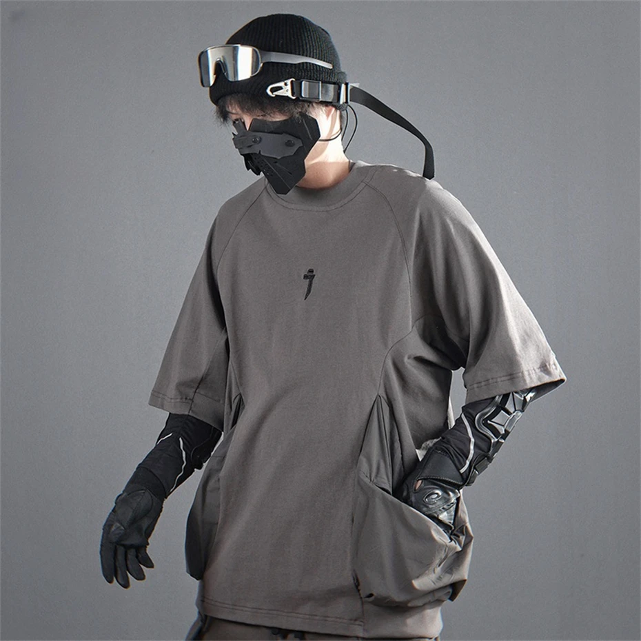 

Summer Cotton Casual T-Shirts Men Punk Hip Hop Techwear Short Sleeve T Shirt Men Harajuku Street Big Pockets Oversized Tees Tops