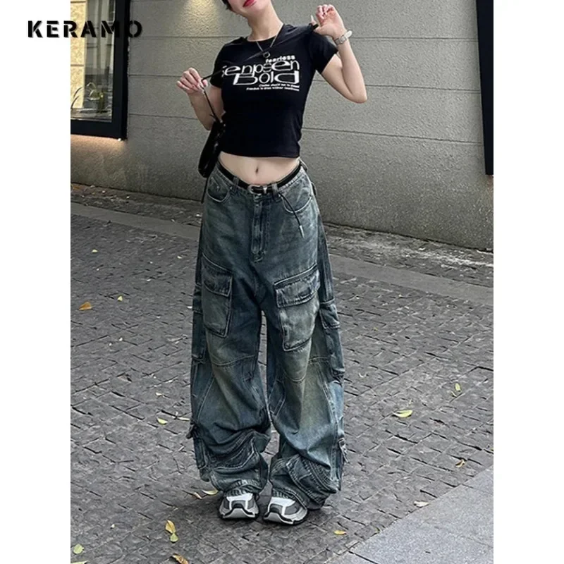 American Retro High Waist Grunge Street Blue Jean Baggy Mopping Pockets Hip-hop Pants Women Emo Casual Y2K Washed Denim Trouser