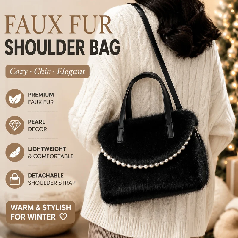 Luxury Faux Fur Crossbody Bag for Women Pearl Chain Shoulder Purse Winter Fashion Handbag with Top Handle Great Christmas Gift