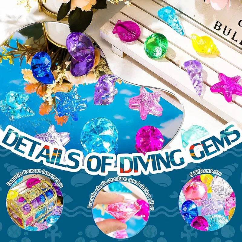 HOT-24Pcs Diving Gems Pool Toys Large Oceans Gem Diamond Gems Pirate Treasure Chest Summer Underwater Swimming Toys