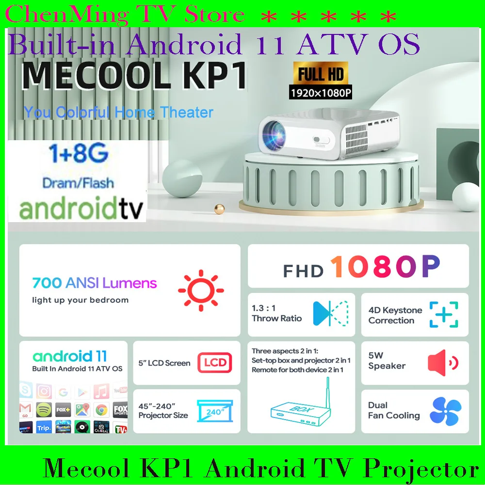 

MECOOL KP1 Full HD Projector Home Theater 1080P 14000 Lumens Display Device for Home and Movie 5'' LCD Screen Portable Proyector