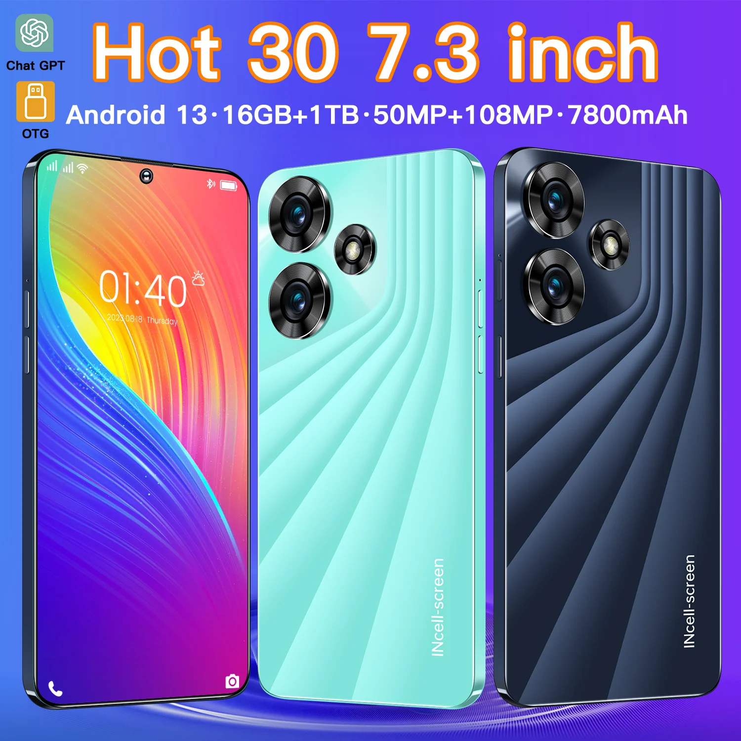 

Global Version Hot 30 5G Smartphone 7.3 Inch 16GB RAM+1024GB ROM Dimensity 9200+,108MP Camera 7800Mah Battery Android Phone