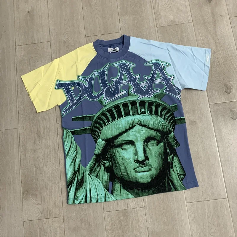 American Quality Duaa T-shirt Statue of Liberty Pattern Casual Round Neck Contrasting Short Sleeved Top Stock