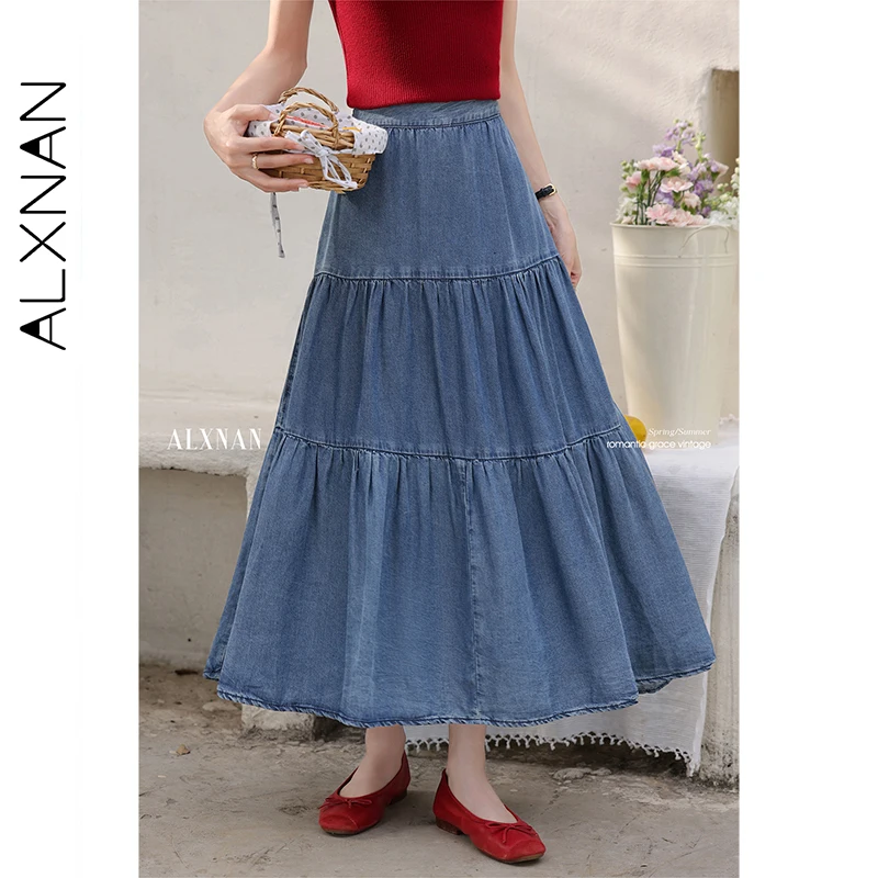 

ALXNAN Women's Blue Denim Skirt Elegant High-waist A-line Lyocell Long Holiday Skirts Casual Loose-fit Ladies Clothing L55770