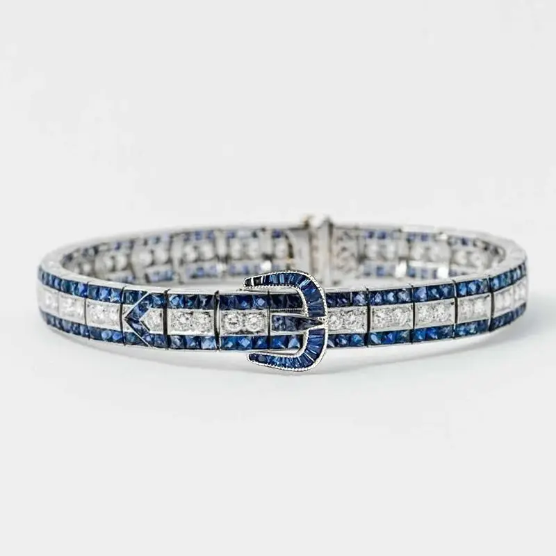 

New S925 Silver Bracelet High Carbon Diamond Royal Blue Decorative Antique Event Party Girl Bracelet Wedding Jewelry