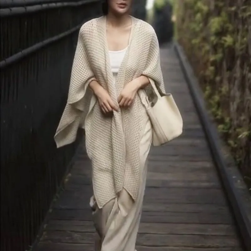 Knitted Outer Hollow Shawl Female Loose Korean Fashion Cardigan New Solid Color Cape Sweaters for Women Irregular Shawl