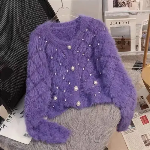 New Fashion Bead Imitation Mink Sweater Women Knitted Cardigan Autumn Winter Long Sleeve Short Loose knitwear Female Tops - Image 4