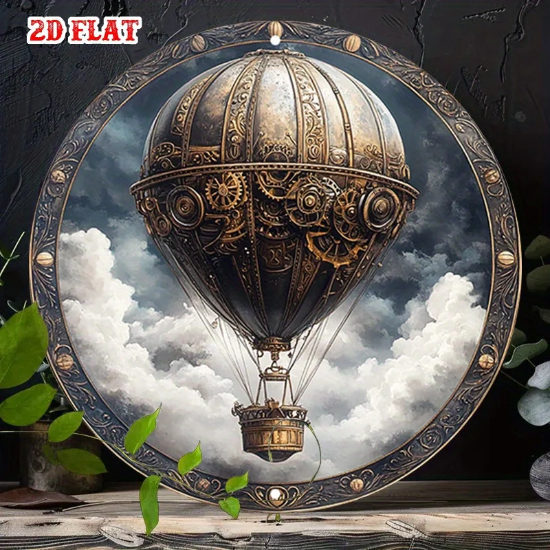 Pancarte en étain 2D plate, 1 pièce, avec motif de ballon steampunk orné dans les nuages, pour jardin de maison de plage paisible, pour créatifs