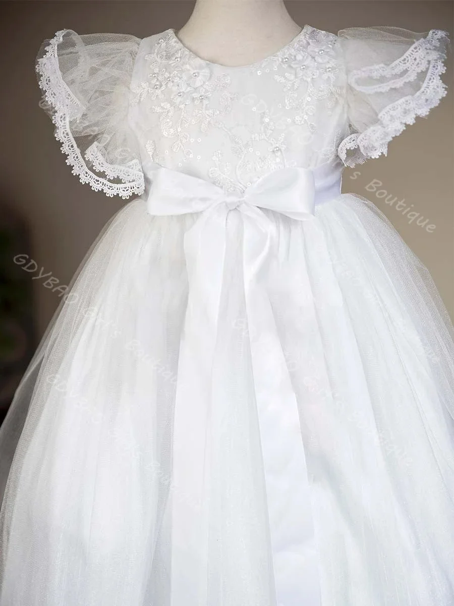 Lovely White Customized Flower Girl Dress for Wedding Cap Sleeve Beaded Lace Baby Birthday First Communion Ball Gowns