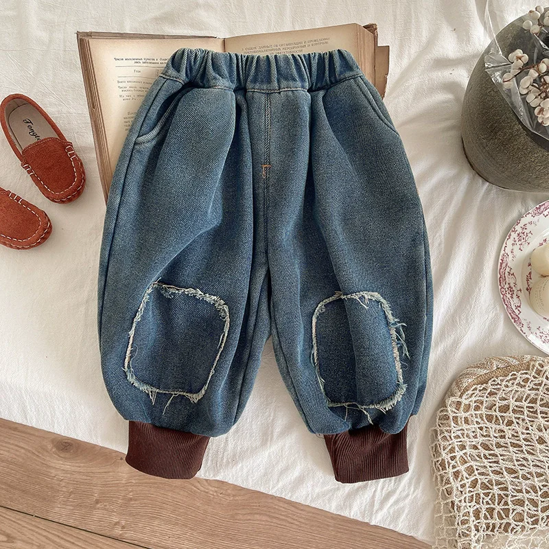 

Джинсы из плотного флиса для мальчиков, осенне-зимние детские теплые брюки с подкладкой, детские повседневные длинные штаны, одежда для малышей 1-5 лет