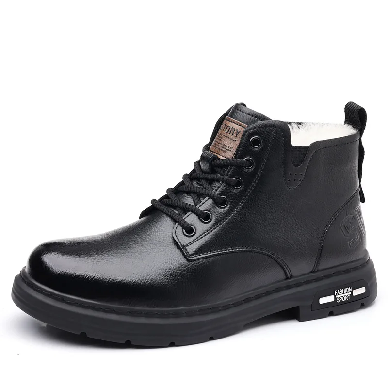 Fashion Winter Genuine Leather Shoes Mens Snow Boots Warm Plush Flat Non-slip Brand Male Ankle Boots Black Brown DX628