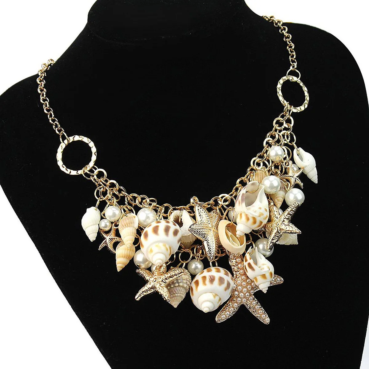 

Women'S Necklace Golden 50Cm Alloy Sea Shell Pearl Pendant Five-Pointed Star Charm For Ladies Fashion Collar Chain Jewelry
