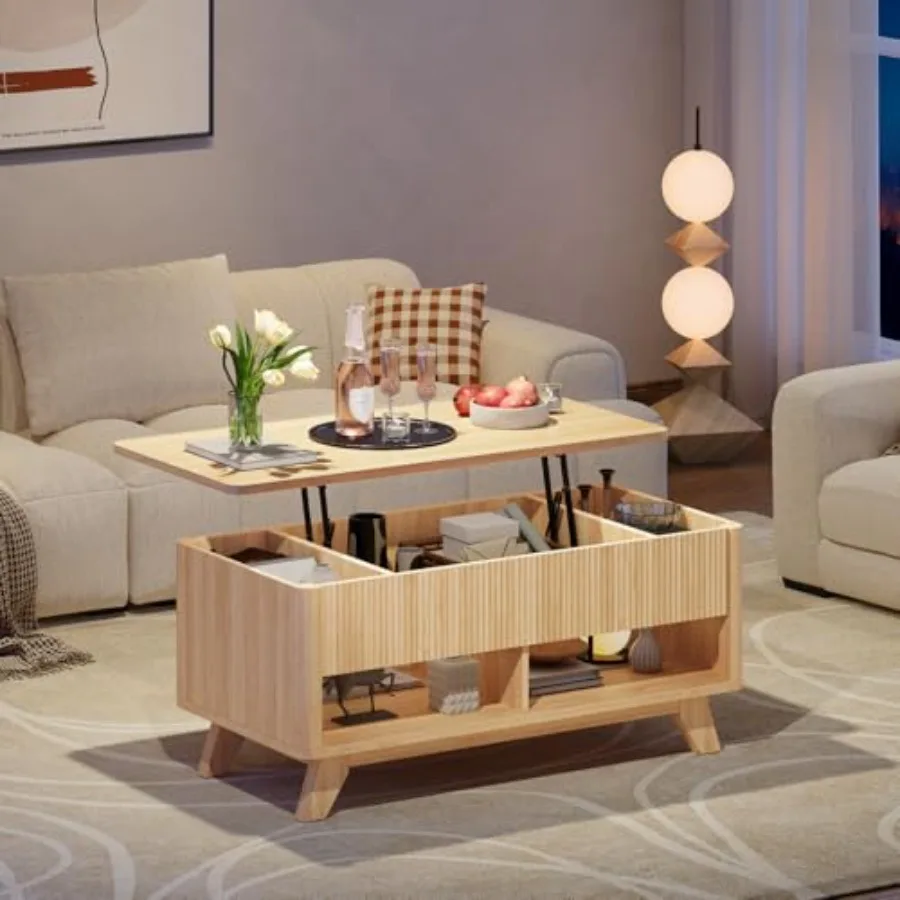 Farmhouse Lift Top Coffee Table Mid Century Modern Coffee Table with Hidden Storage Compartment Fluted Rising Pull up Wood Mode