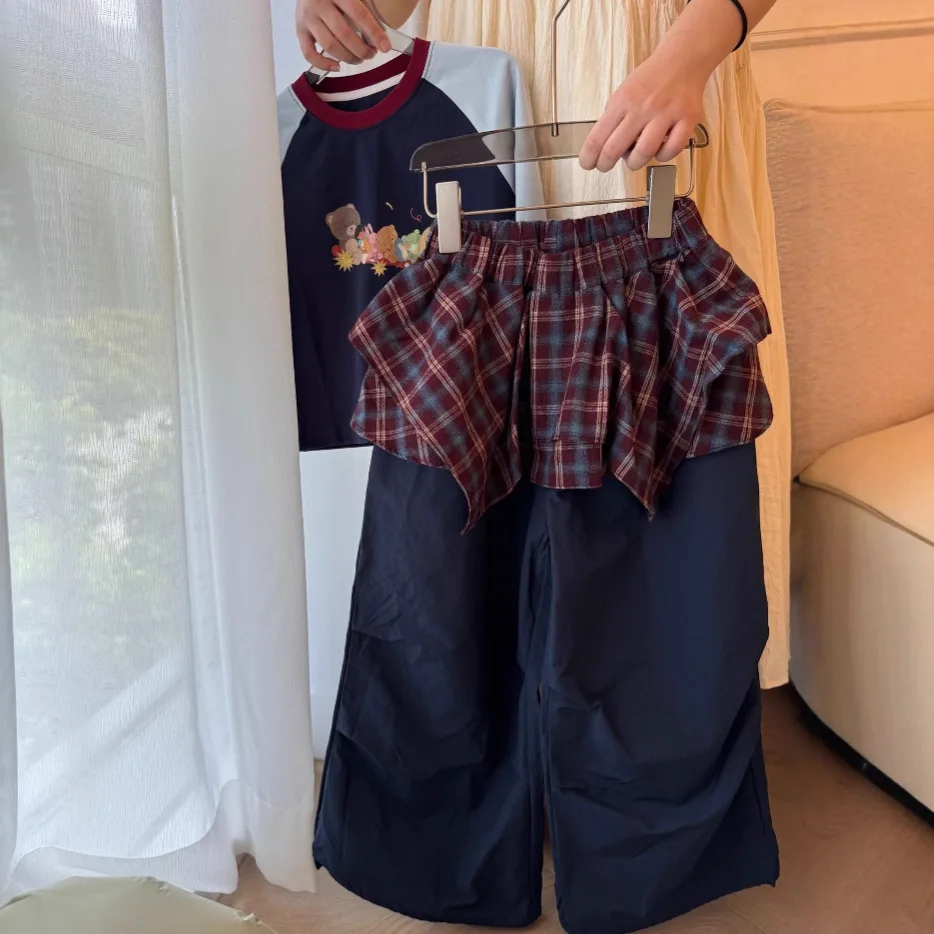 2025 جديد الكورية موضة الفتيات السراويل الخريف خمر عادية اليومية منقوشة سروال فستان فو قطعتين بنطلون للأطفال 2-8Y #5
