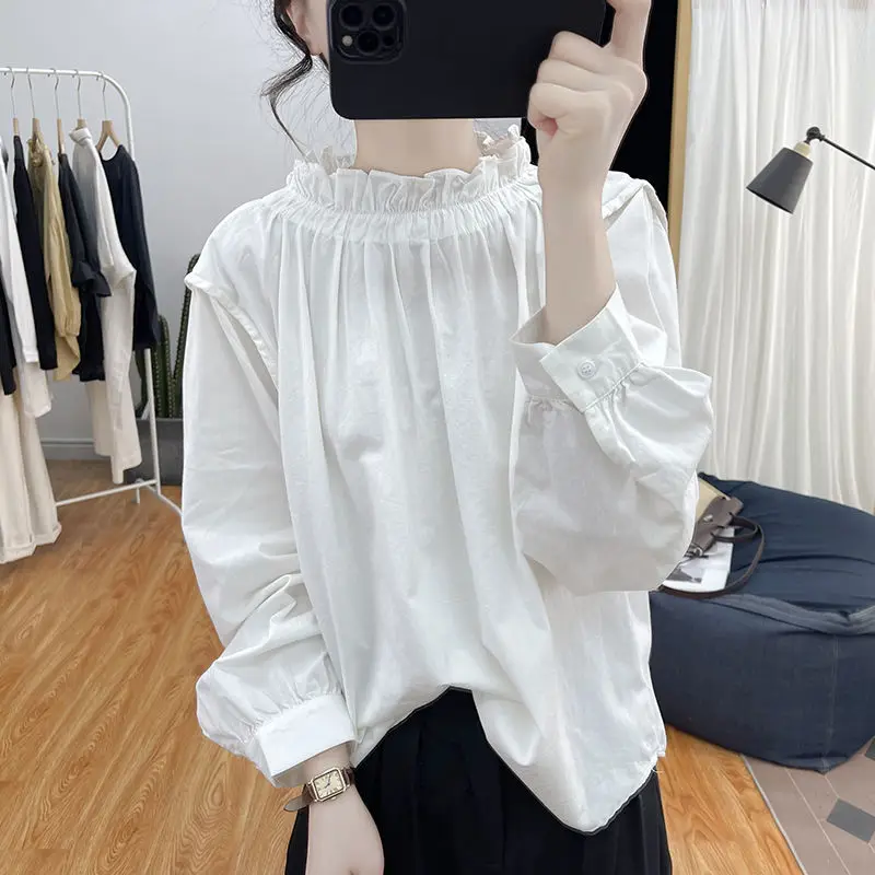 Spring Summer Bubble Sleeve Chiffon Shirt Retro O-Neck Collar Solid All-match Pullovers Loose Fashion Elegant Women Clothing