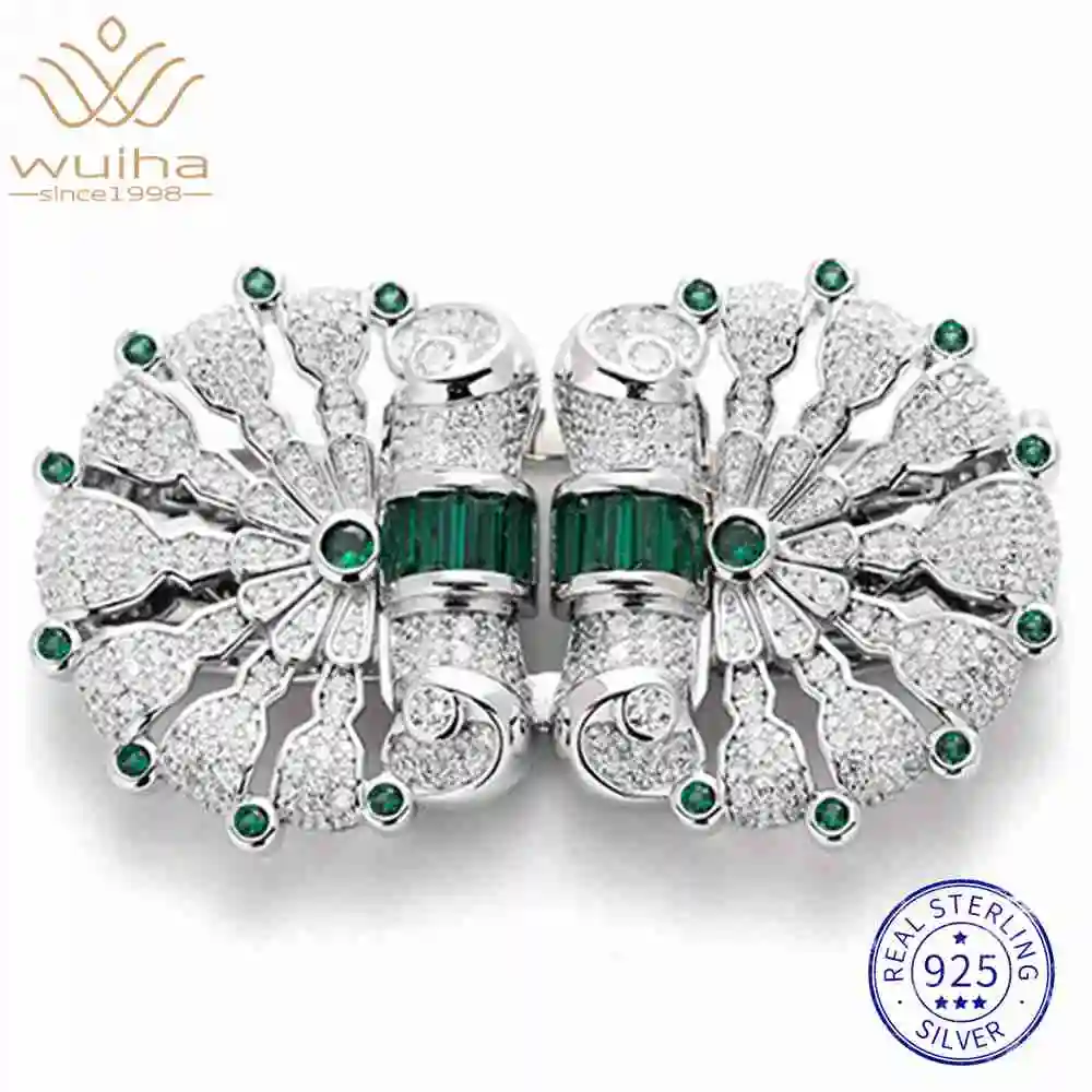 

Wuiha Vintage 925 Sterling Sliver Emerald High Carbon Diamond Gemstone Brooch Brooches Collar Clip Corsage Cocktail Fine Jewelry