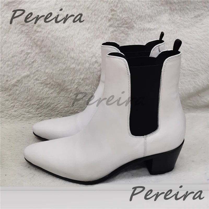 Autumn Winter New Men's Chelsea Boots White Genuine Leather Pointy Toe 6CM High Heel Short Boots Trendy Casual Business Shoes
