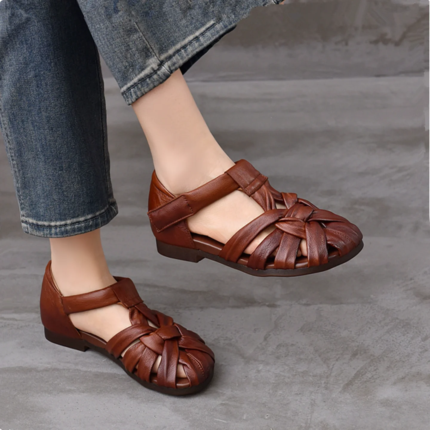Handwoven Top Layer Cowhide Roman Sandals for Women Summer Vintage Style Covered Toe Soft Bottom Hollow out Breathable Mom Shoes