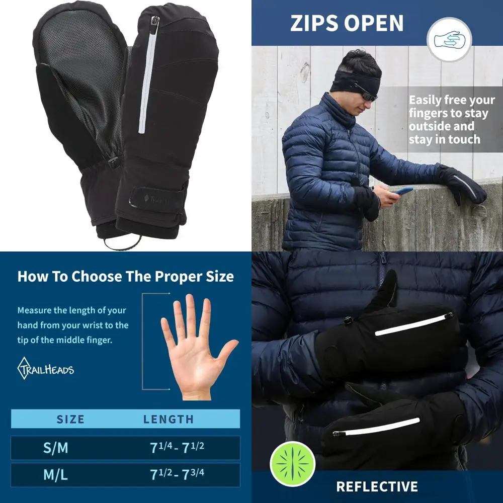 

Winter Running Mittens for Men - Convertible Zip Mittens, Thermal Insulated for Cold Weather, Black