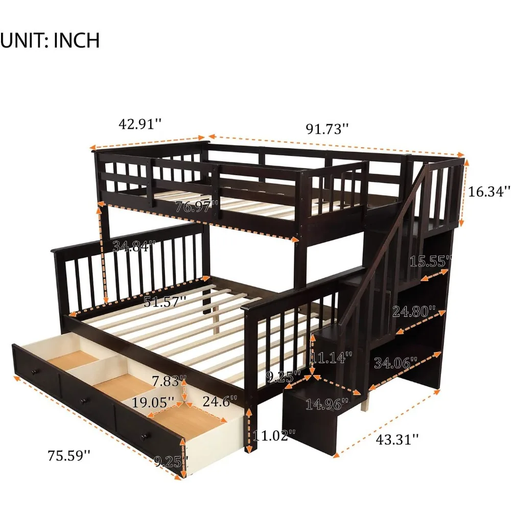 Double bunk bed with drawers, 4 storage, guardrails, suitable for bedrooms, dormitories, no need for spring mattresses