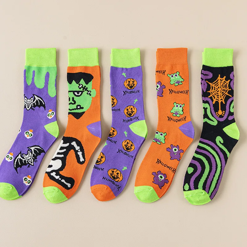 1 Pair Cotton Funny Crew Halloween Ghost Bat Men Women Hip Hop Long Socks Couples Street Skateboard Cosplay Solid Sox Autumn