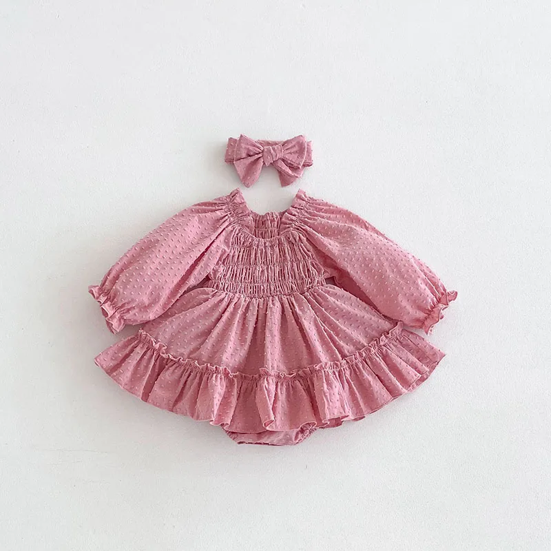 New 2024 Autumn Baby Bodysuit with Headband Sweet Princess Dress Infant Girls Solid Ruffled Square Collar One Piece Clothing