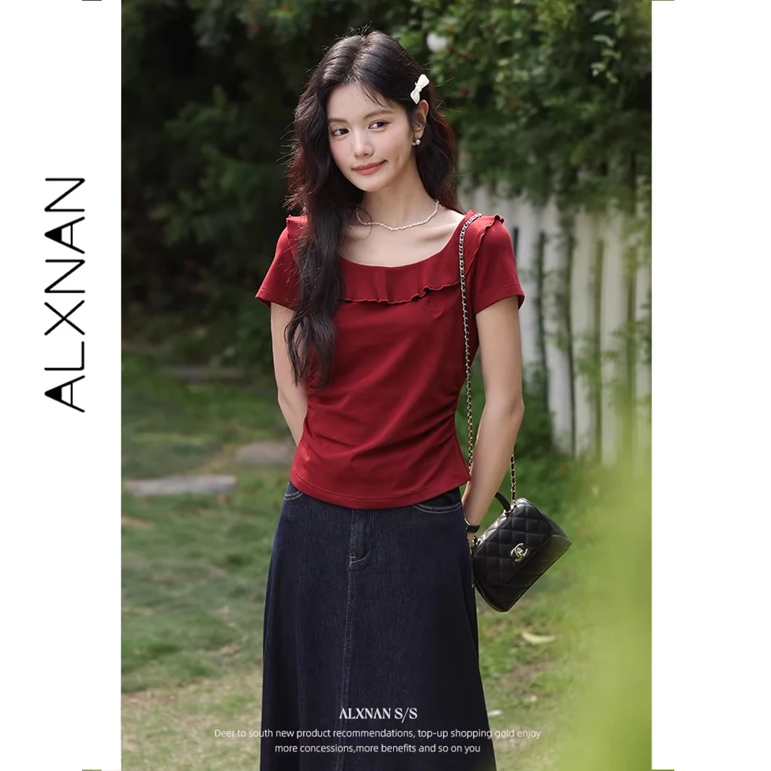

ALXNAN Винтажная красная женская футболка 2026 года, летняя, с коротким рукавом, хлопковая, новая, элегантная, с воротником-рюшами, приталенная, L551108