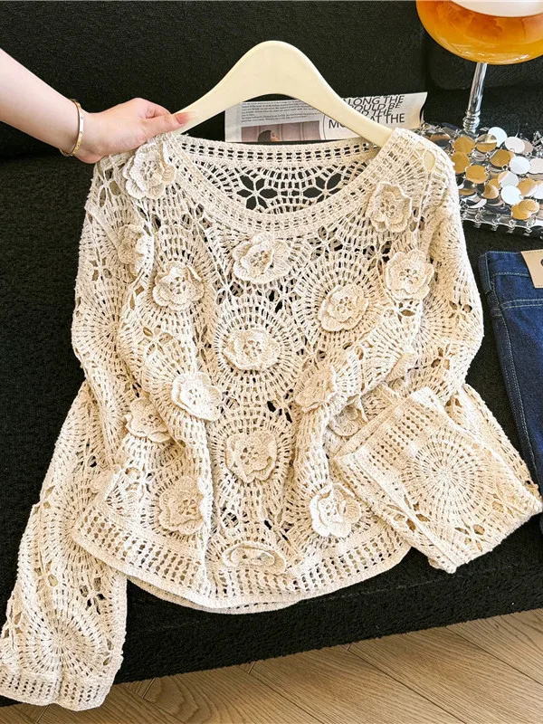 

plus Size Women's Fashionable Long Sleeve T-Shirt round Neck Hollow out Floral Embroidery Slimming Top Summer Casual Wear