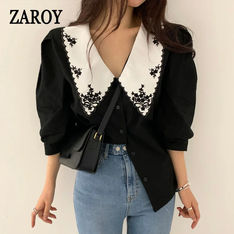 Zaroy-女性のためのエレガントな刺繍レースブラウス、ハーフスリーブの花のシャツ、白いトップ、春と秋